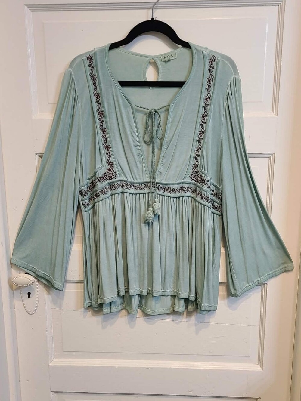 POL Mint Sage Embroidered Trim Boho Peasant Blouse Size M